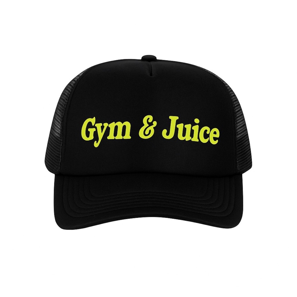 Black Trucker Hat with Yellow 'Gym & Juice' Text